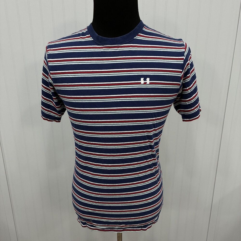 The Hundreds Men's T-Shirt Size Medium Blue Red White Striped Short Sleeve Logo